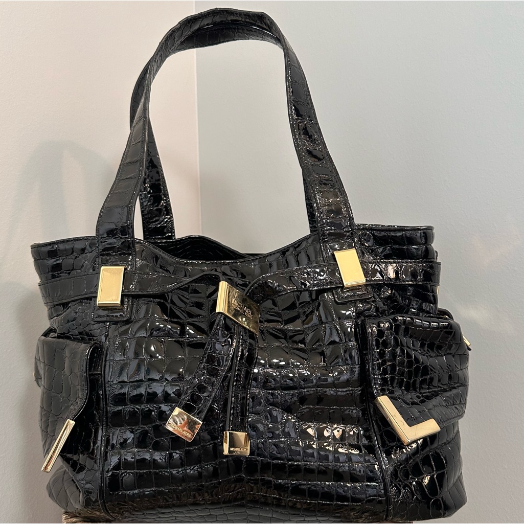 Michael Kors Beverly Croc Embossed Black Patent Leather Satchel W/ Gold Hardware
